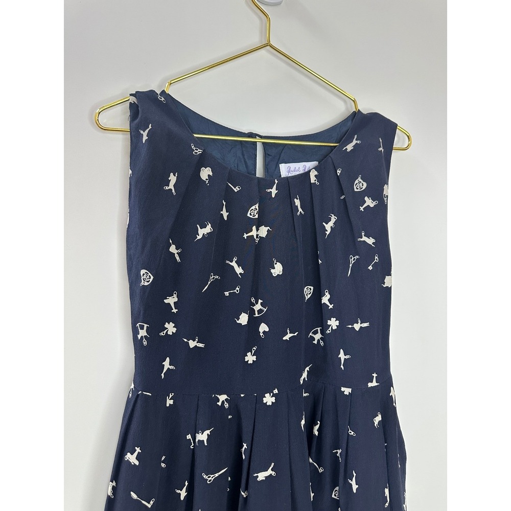 Rachel Riley Silk Dress Girls Size 7 Navy Toy Print Sleeveless Pleated Tie Waist - Picture 3 of 15
